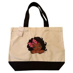 (New) black and white canvas cotton tote with embroidery.